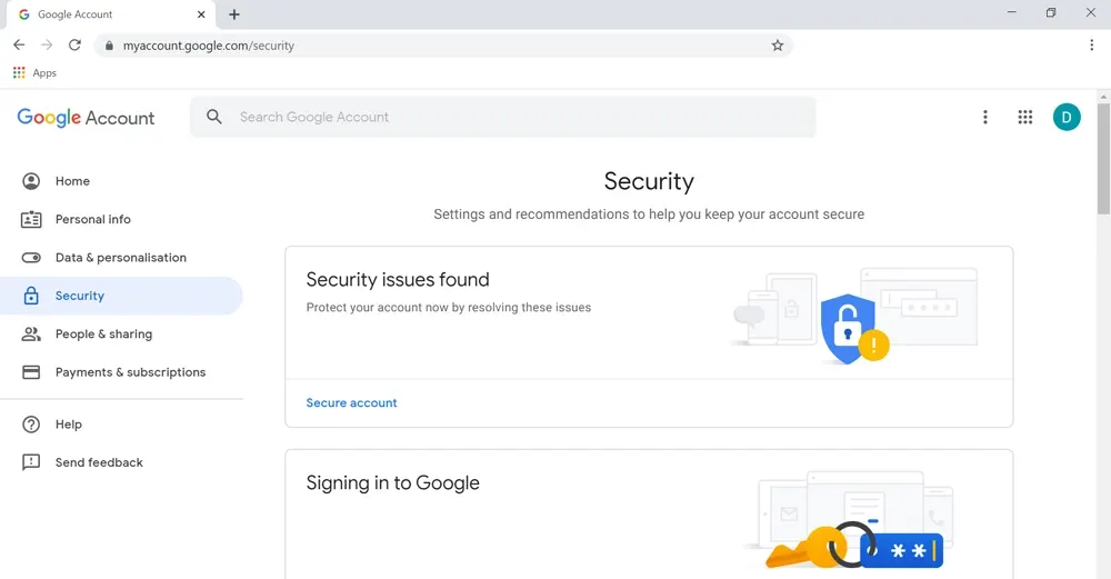 Google accounts security option