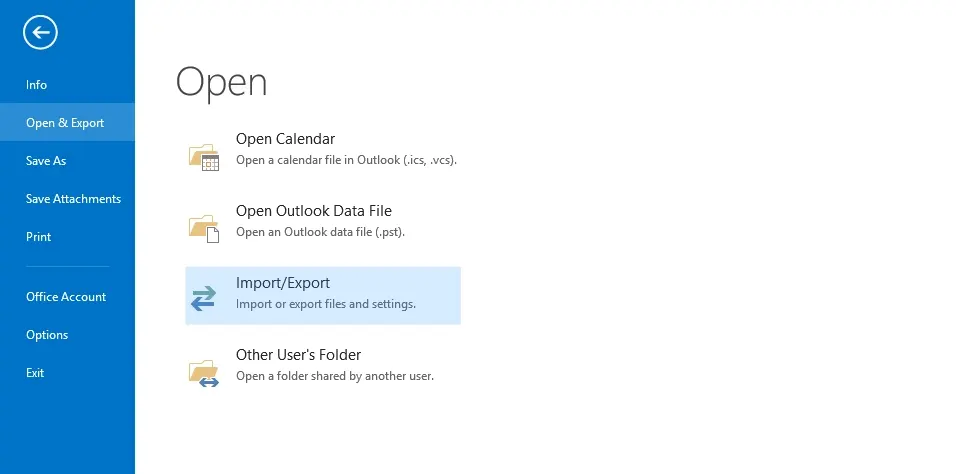 Outlook import export screen