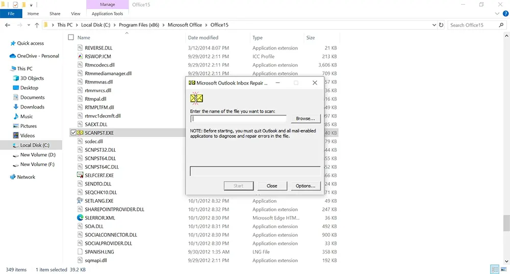 Opening SCANPST.EXE tool in Outlook.