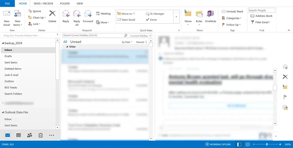 Checking emails in new PST folder in Outlook