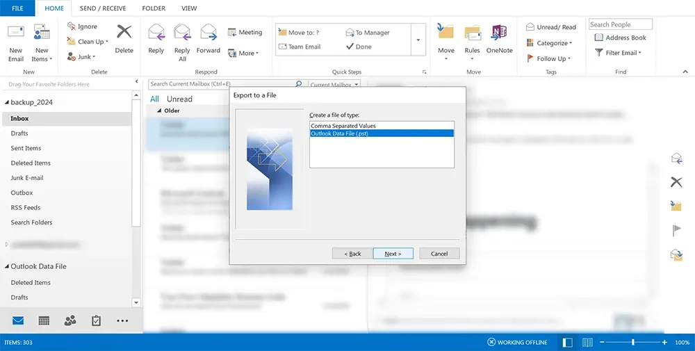 Choosing Outlook Data File (.pst) format.