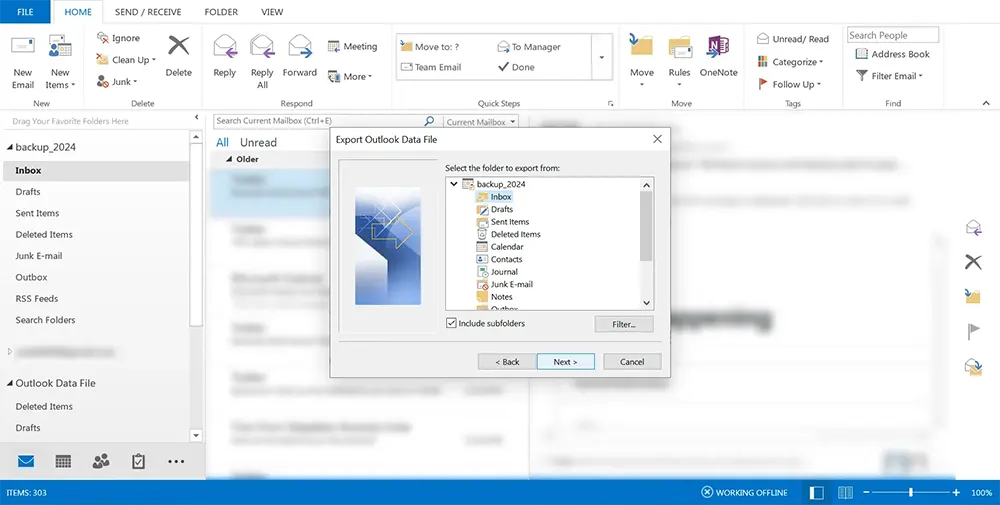 Selecting folders with Include Subfolders for export.