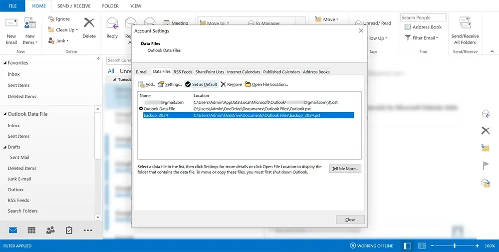 Setting new PST as default in Outlook