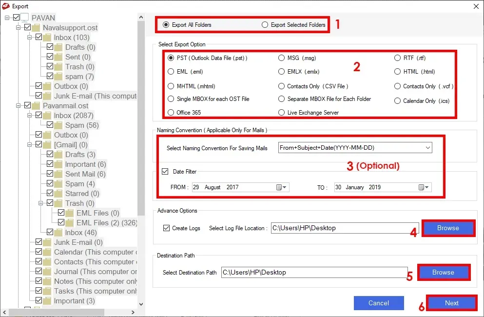 Export ost to pst screen