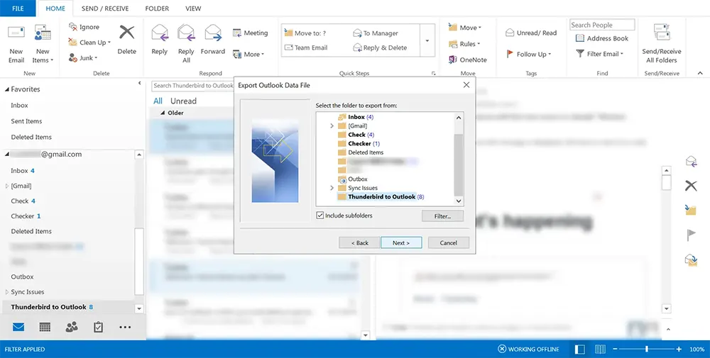 Folder selection for export in Outlook