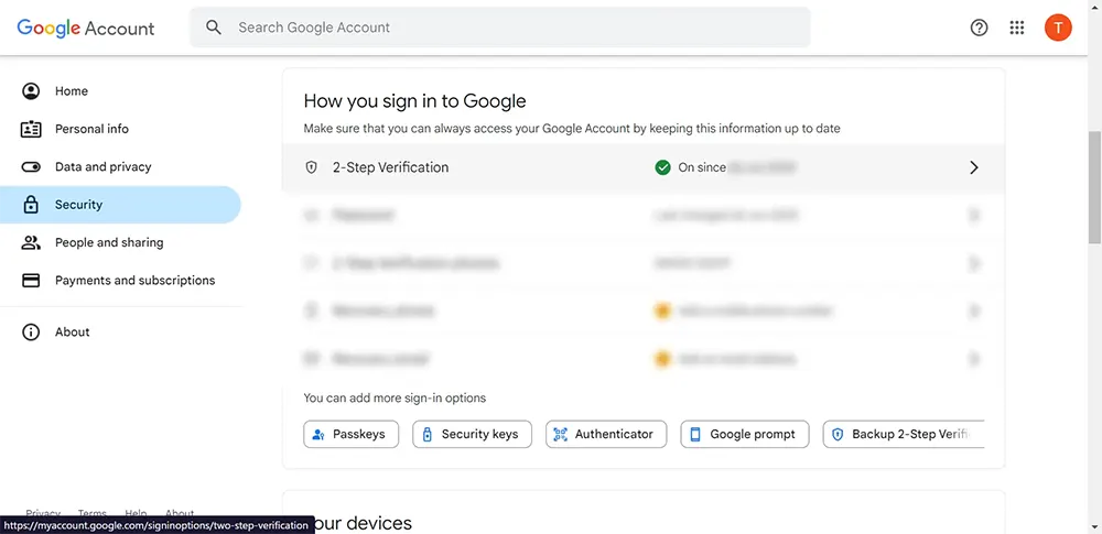 Google account security options