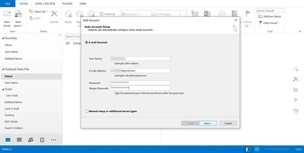 Outlook account setup window