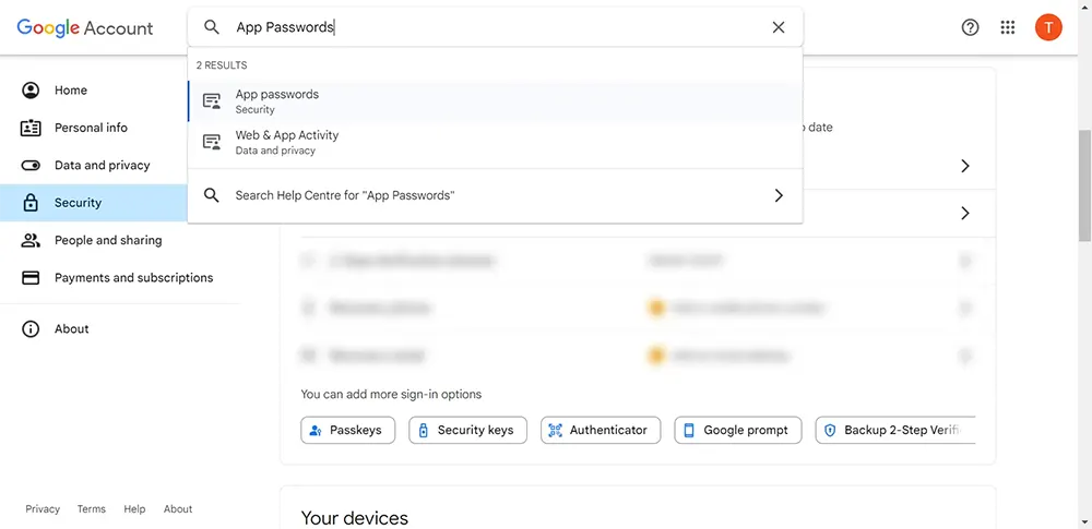 Searching App passwords in Google security