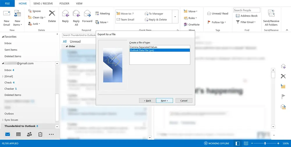 Selecting PST file format in Outlook