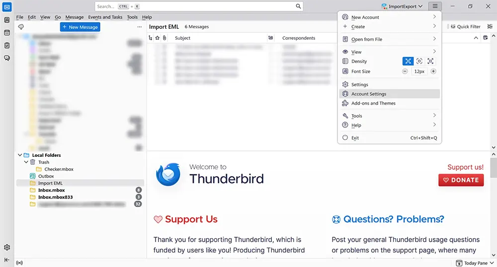 Thunderbird Account Settings menu
