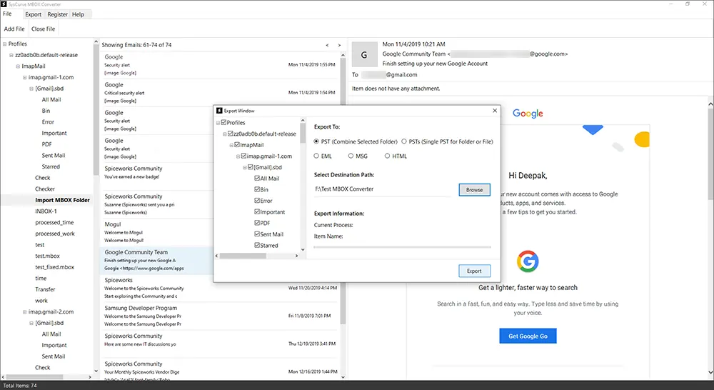 Thunderbird Converter destination path selection.